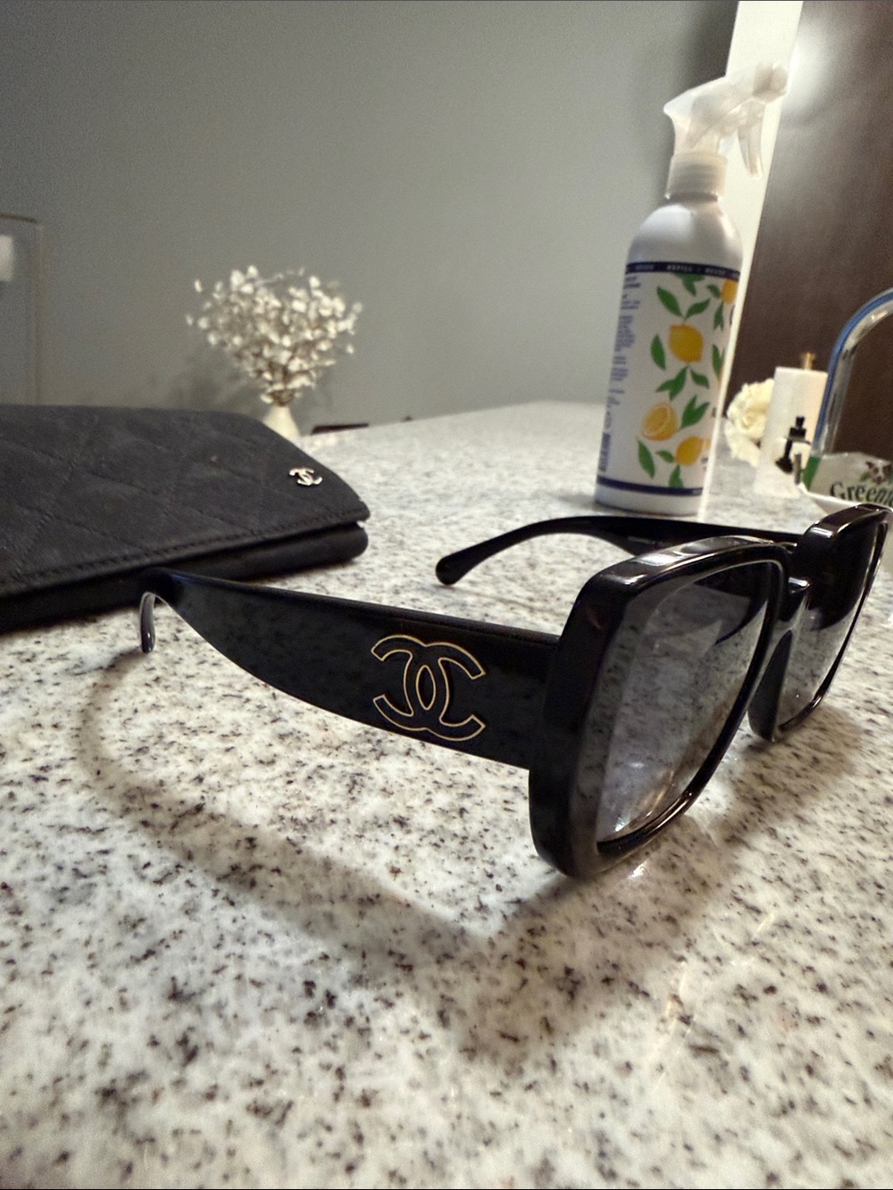 CHANEL Black Square Logo Sunglasses with Gold CC Emblem